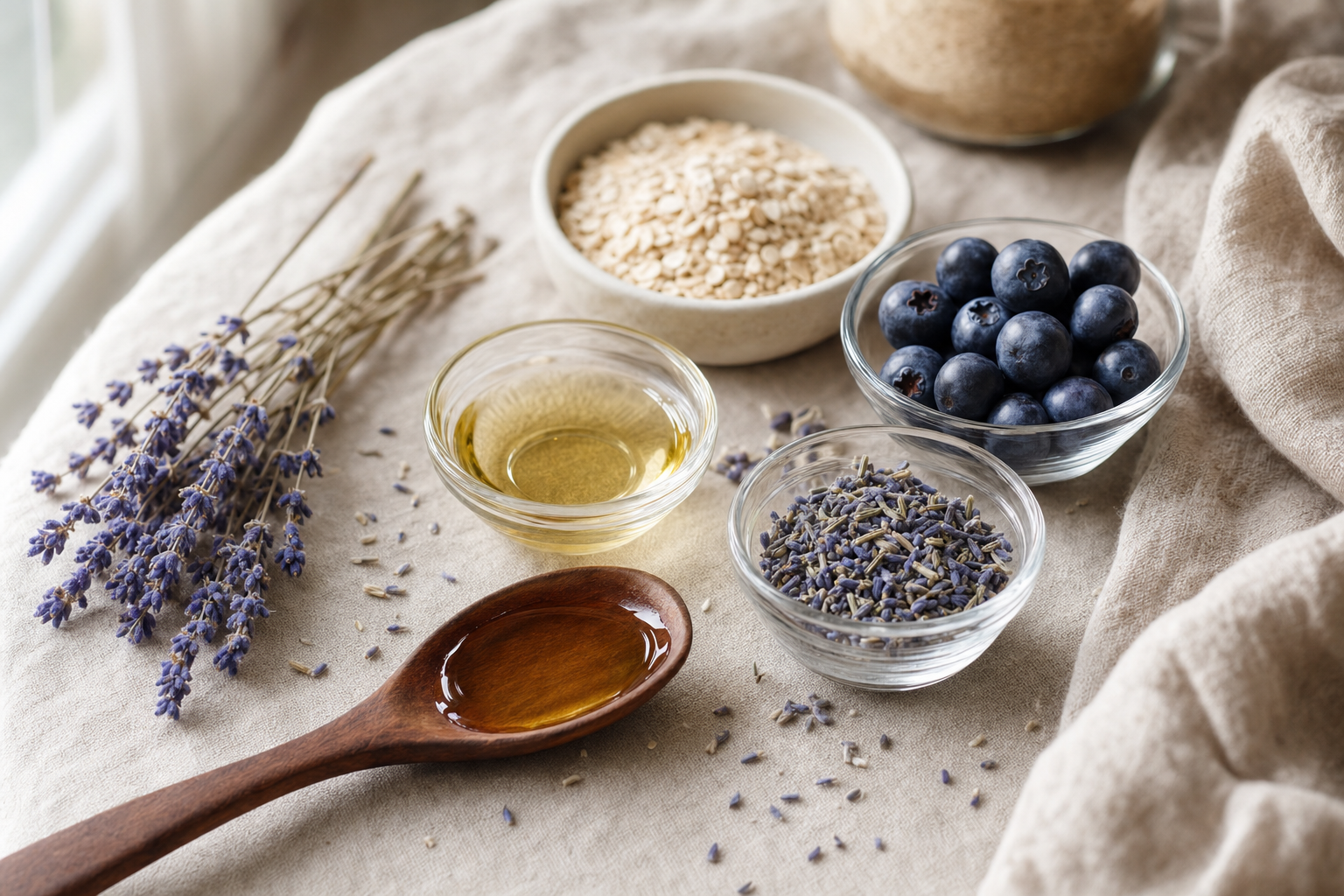 Dried lavender, oatmeal, blueberries, and hot oil arranged on linen — the natural ingredients of the Asgard spa menu